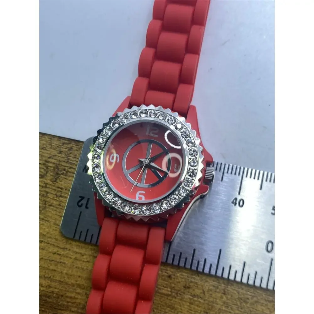 Geneva Red Rhinestone Watch Works New Battery Womens
